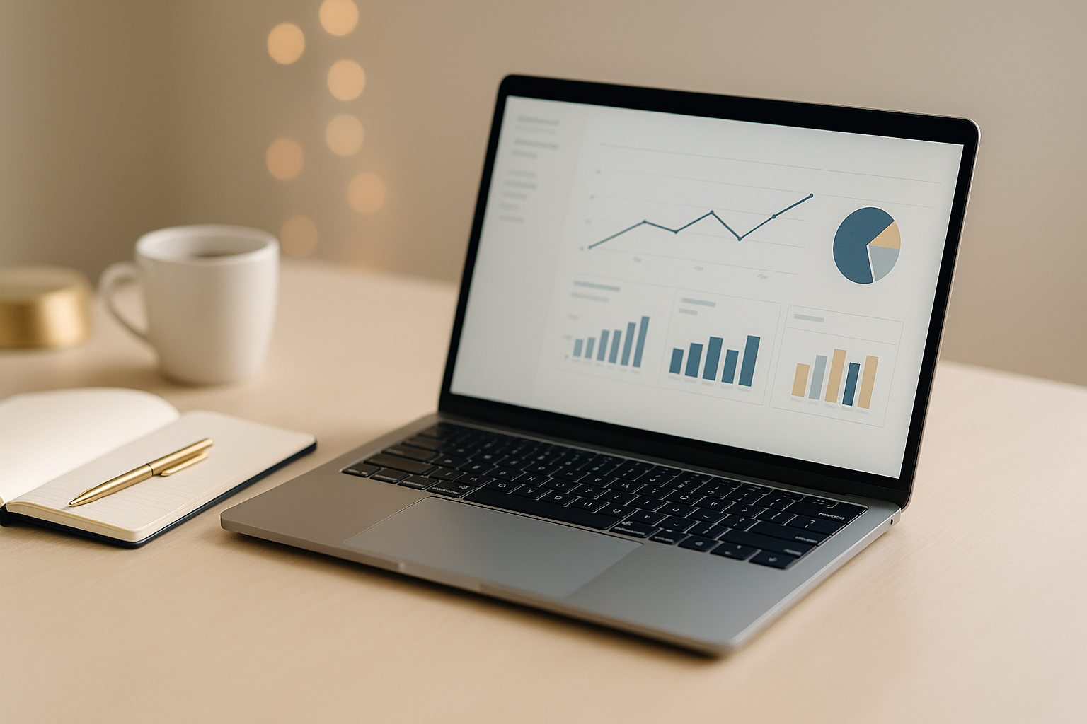 Minimalist workspace with laptop showing analytics – Clarity Digital Studio.