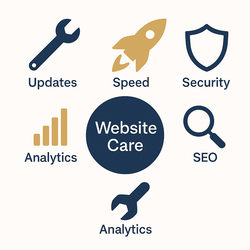 Website Care Plans infographic showing updates, SEO, and analytics