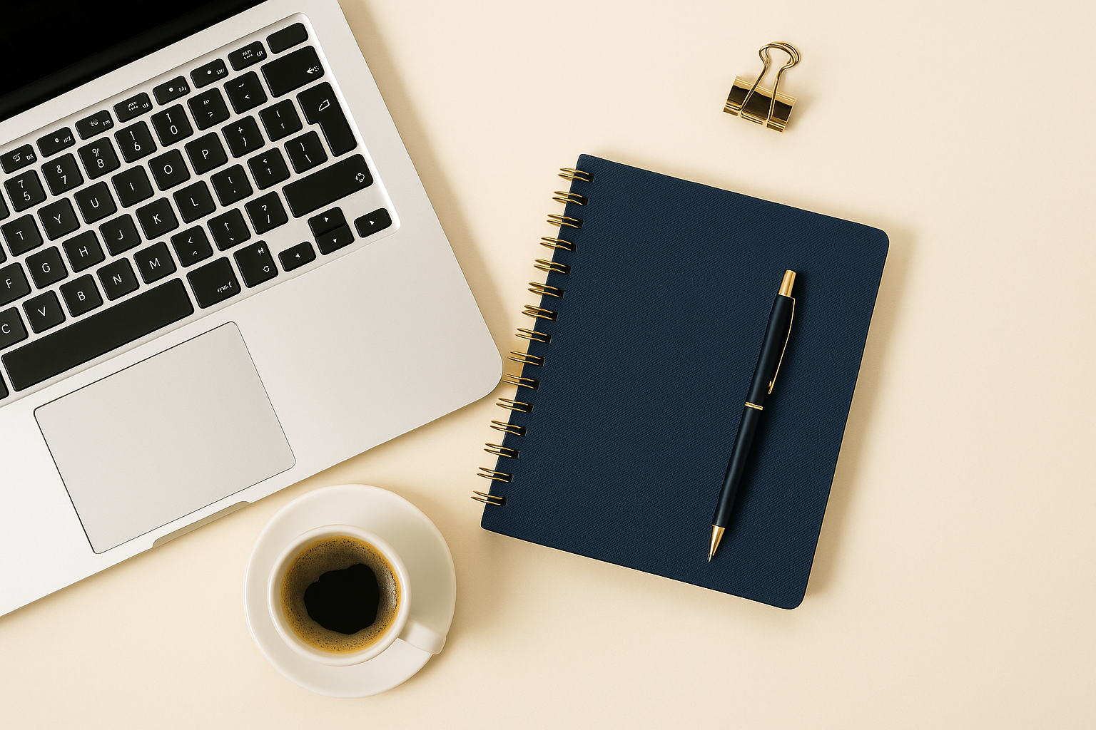 Laptop and coffee on clean desk representing website SEO and performance care for small businesses.