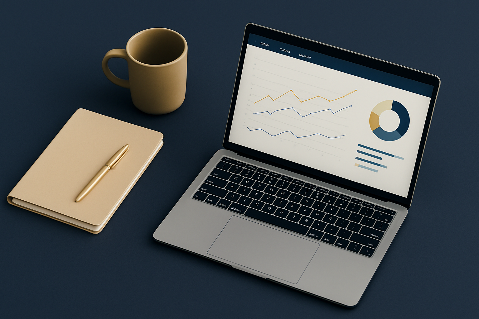 Modern workspace flat lay with laptop showing analytics dashboard, styled in muted gold and navy palette.