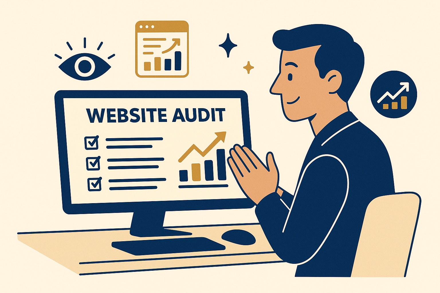 Business owner reviewing SEO audit report surrounded by ranking and visibility icons