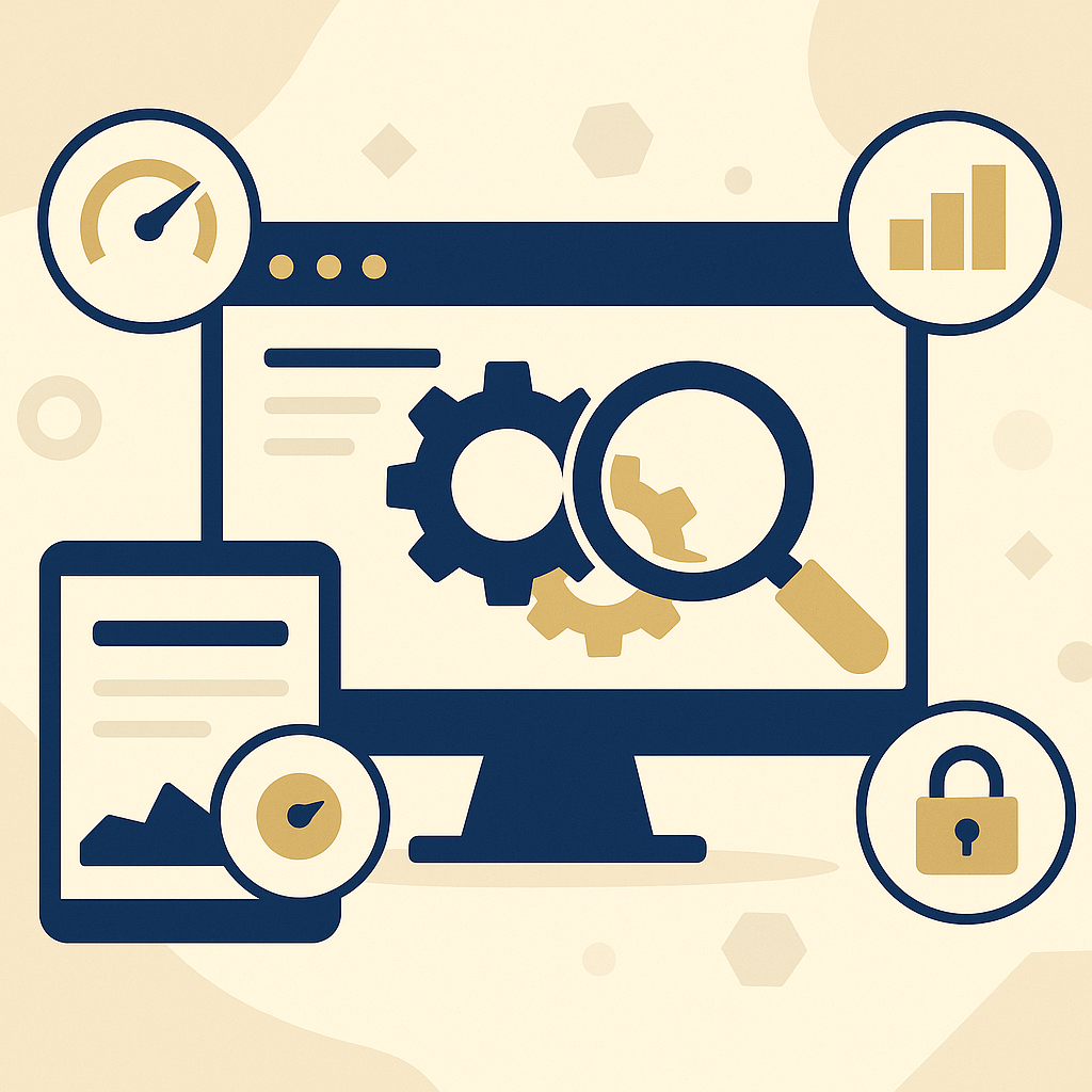 Ongoing SEO maintenance illustration showing gears, analytics, and site optimization