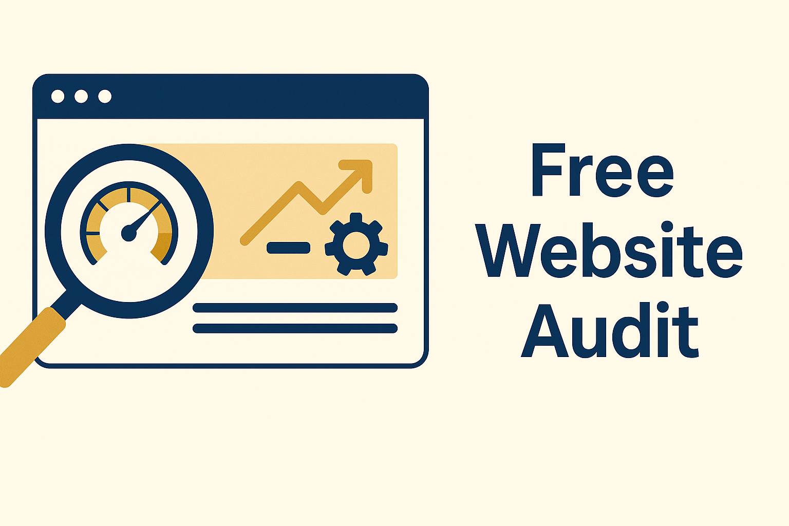 Magnifying glass hovering over browser window with SEO icons for speed, analytics, and optimization, navy blue and gold palette.